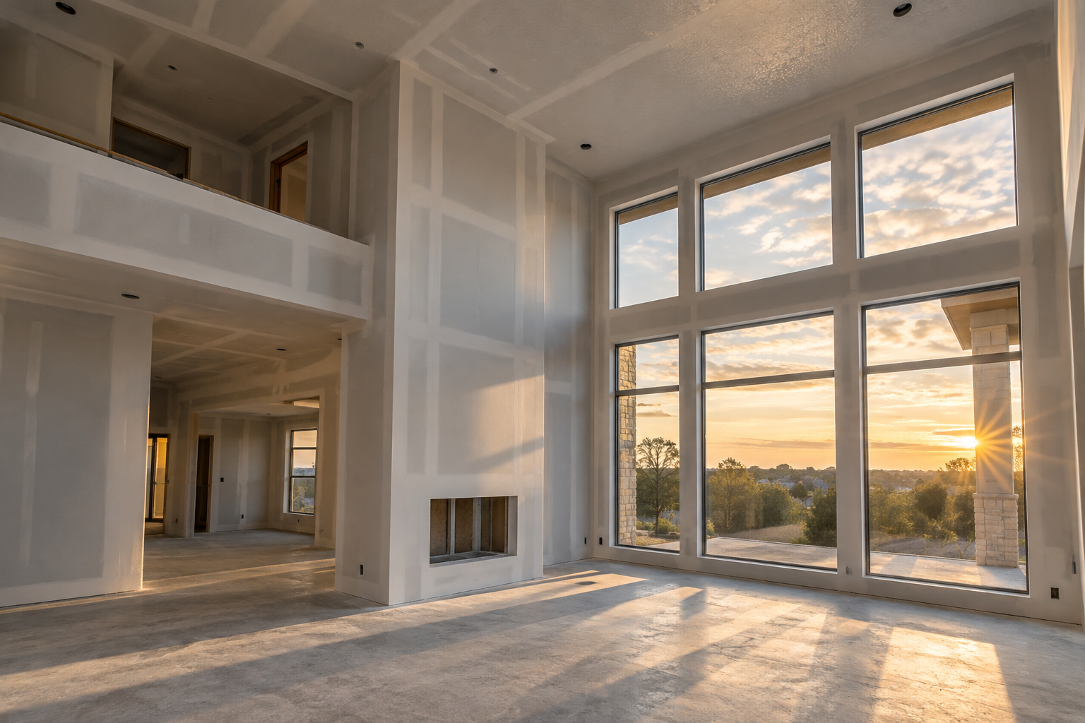Illustration of a new home interior with drywall finishing